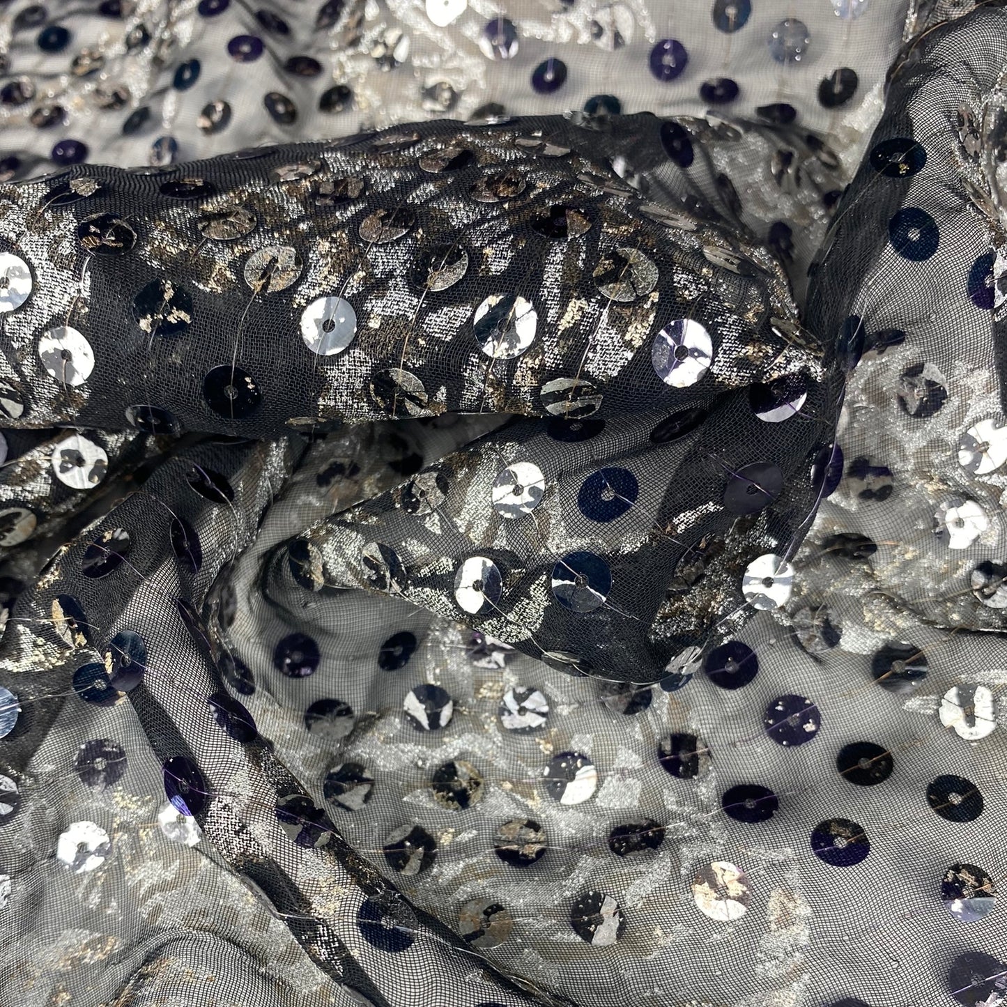 Sequin Printed Embriodered Chiffon - Black/Silver