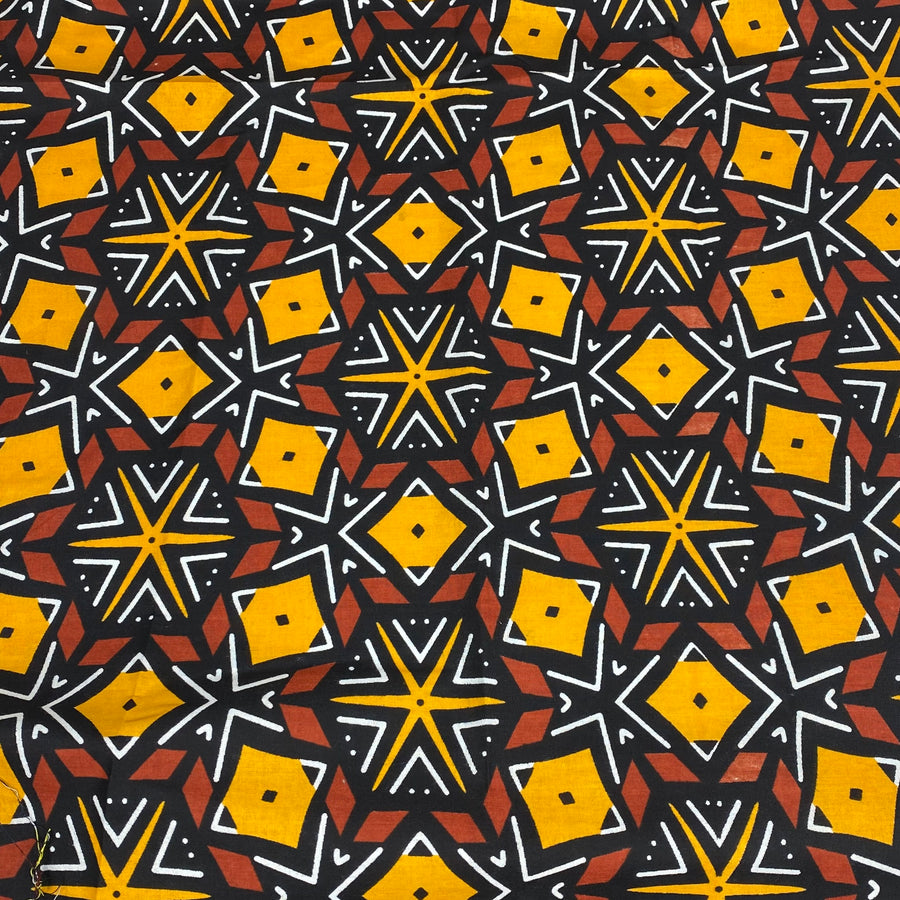 Waxed African Printed Cotton - Black / Yellow / Brown