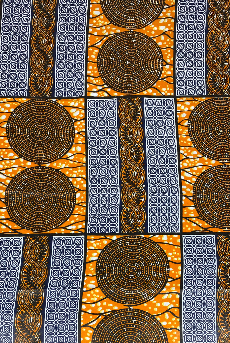 Waxed African Printed Cotton - Orange / Blue / Black / White