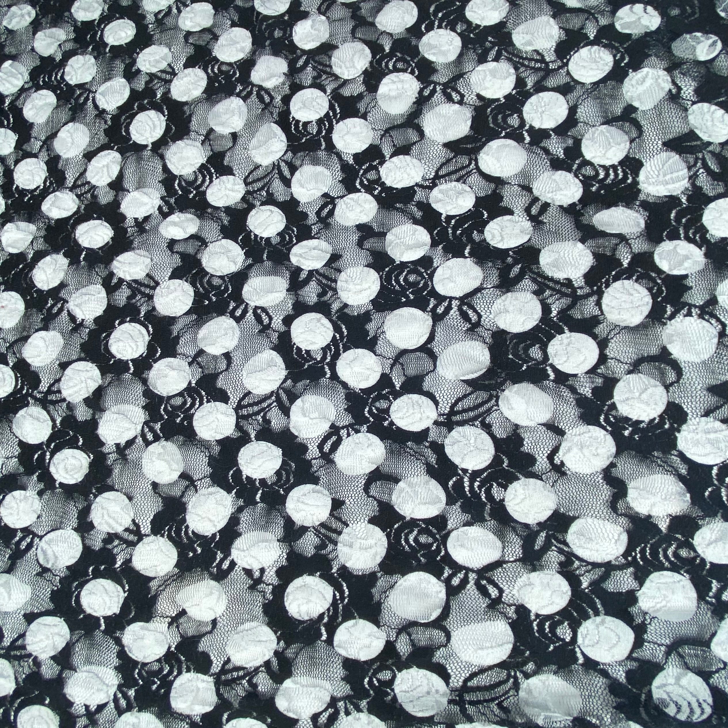 Polka Dot Printed Stretch Floral Lace - Black/White