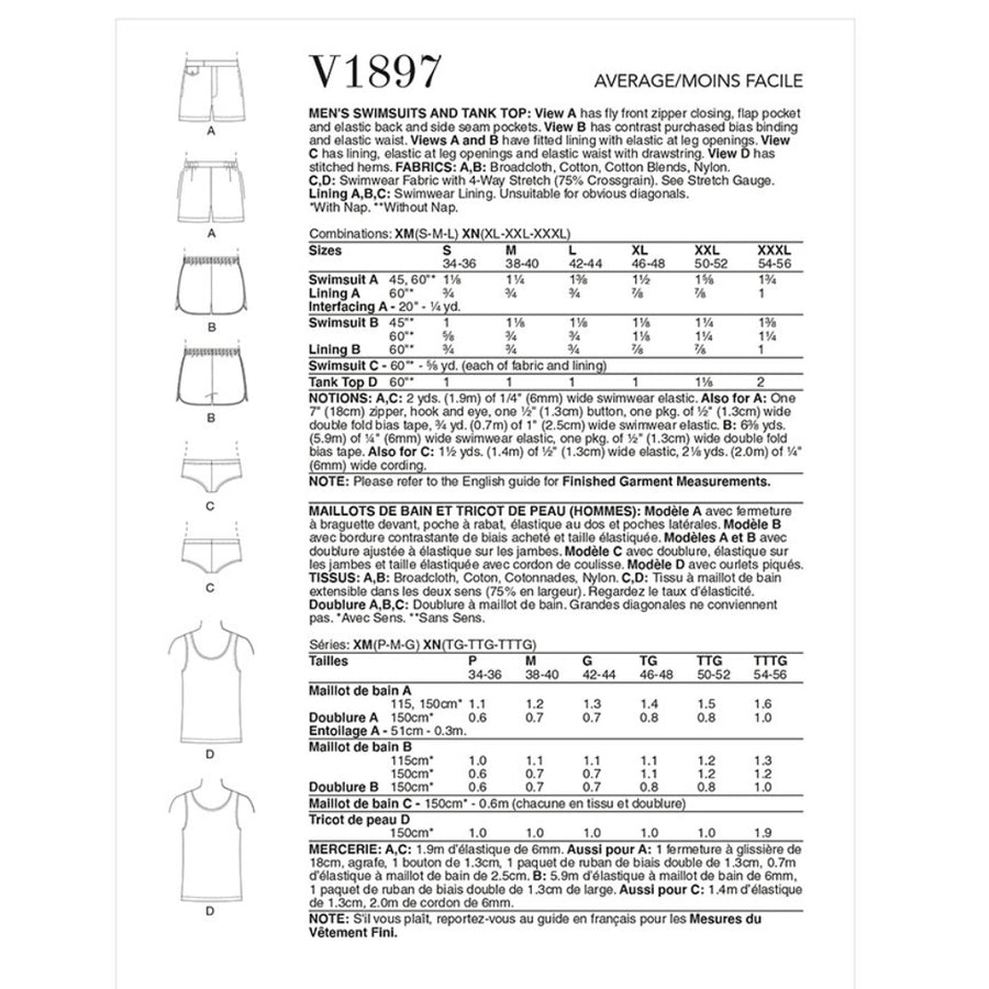 Vogue V1897 - Men's Swimsuits and Tank Top Sewing Pattern
