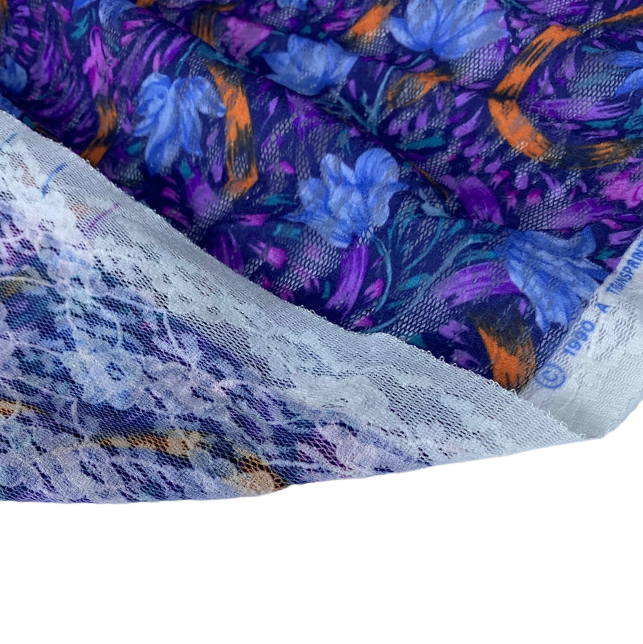 Floral Printed Stretch Lace - Blue/Purple/Orange