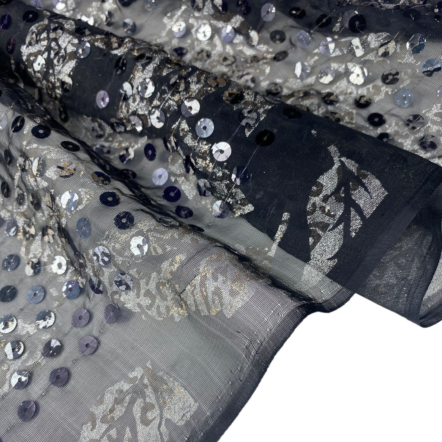 Sequin Printed Embriodered Chiffon - Black/Silver