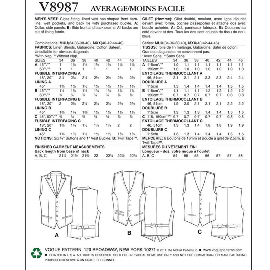 Vogue V8987 - Vest Sewing Pattern