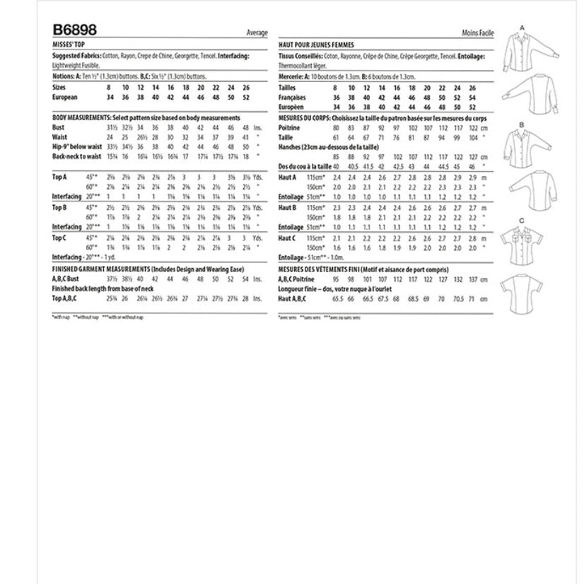 Butterick B6898 Top By Palmer/Pletsch Sewing Pattern