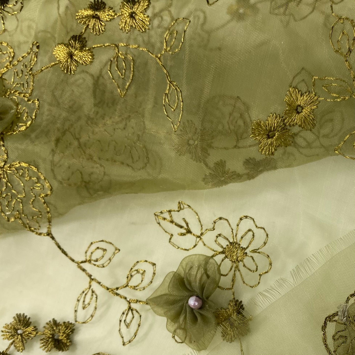 Floral Pearl Embroidered Organza - Green
