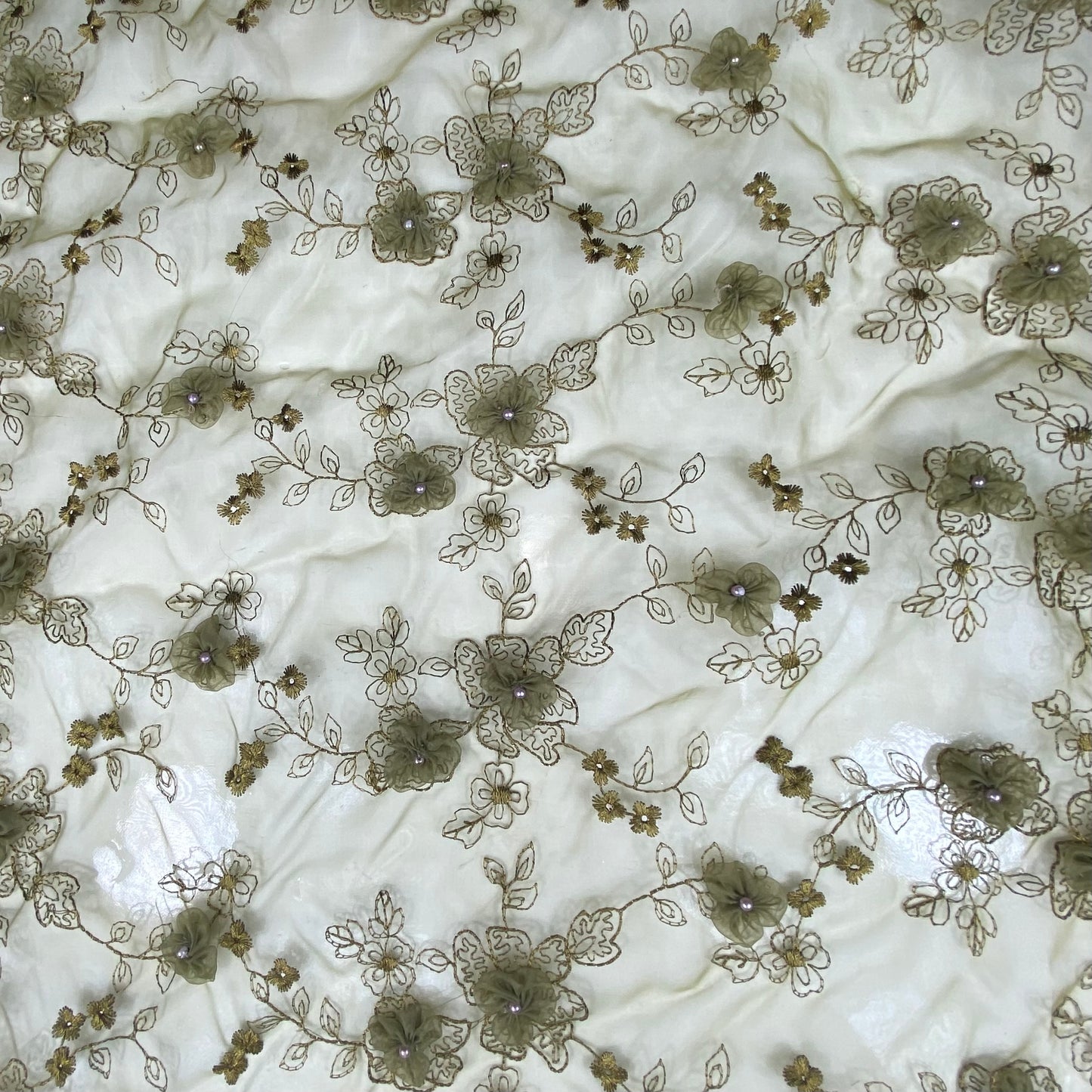 Floral Pearl Embroidered Organza - Green