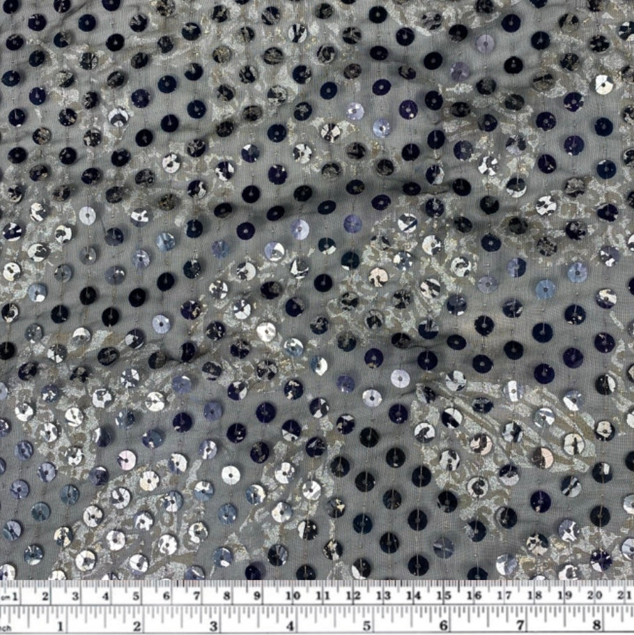 Sequin Printed Embriodered Chiffon - Black/Silver