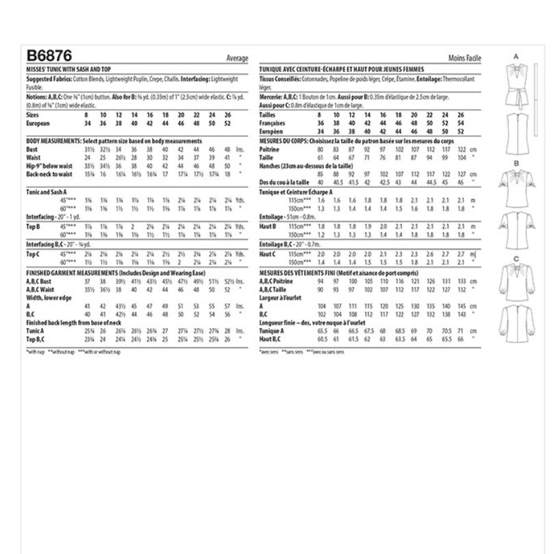 Butterick B6876 Tunic with Sash and Top Sewing Pattern