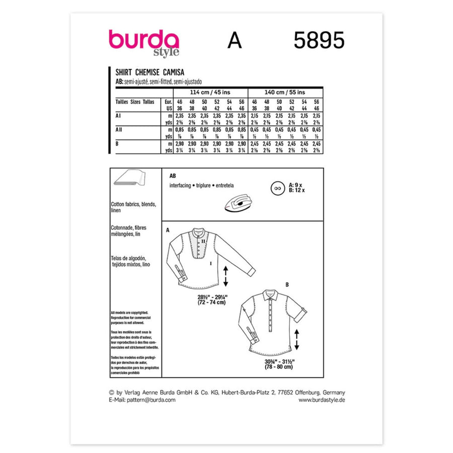Burda Style 5895 - Semi-fitted Mens Shirt Sewing Pattern