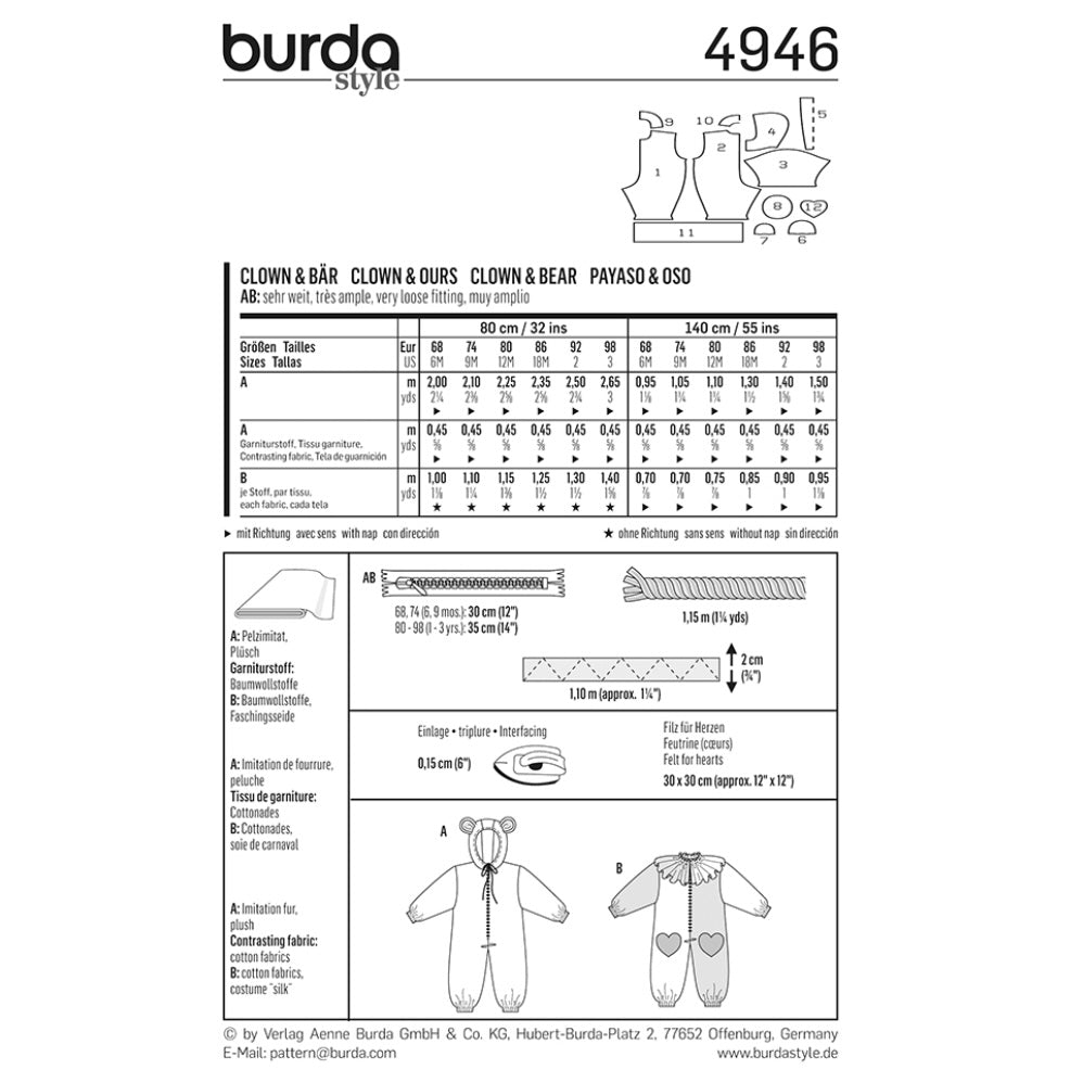 Child Clown & Bear Costume Sewing Pattern - Burda Kids 4946