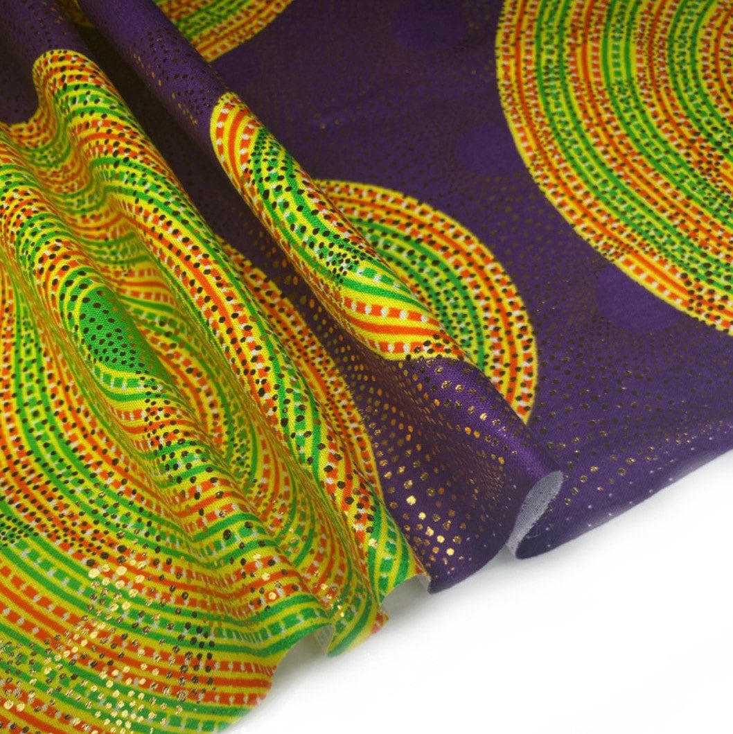 Metallic African Printed Cotton - Circles - Purple/Yellow/Red/Green