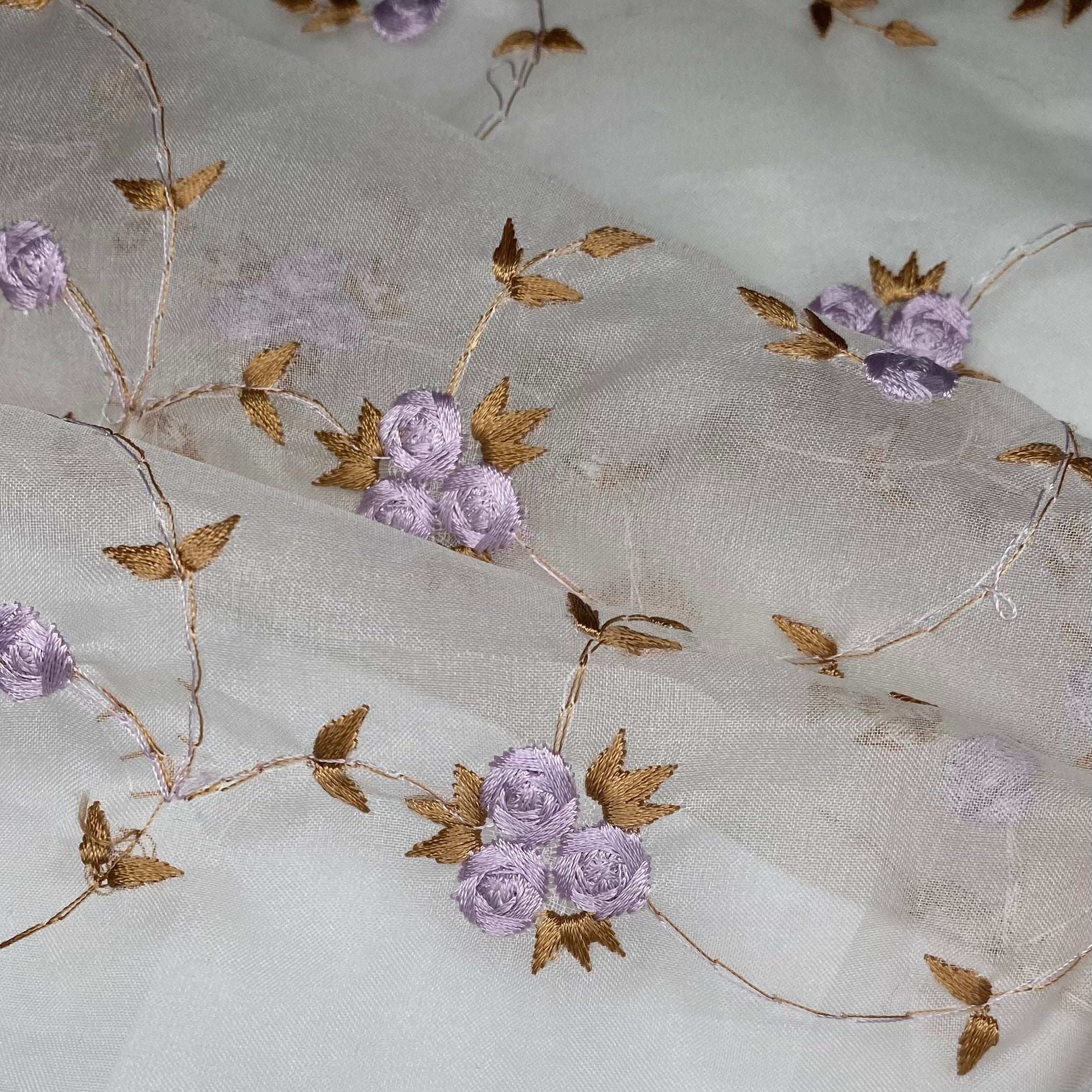 Embroidered Silk Organza - Off White/Purple/Brown