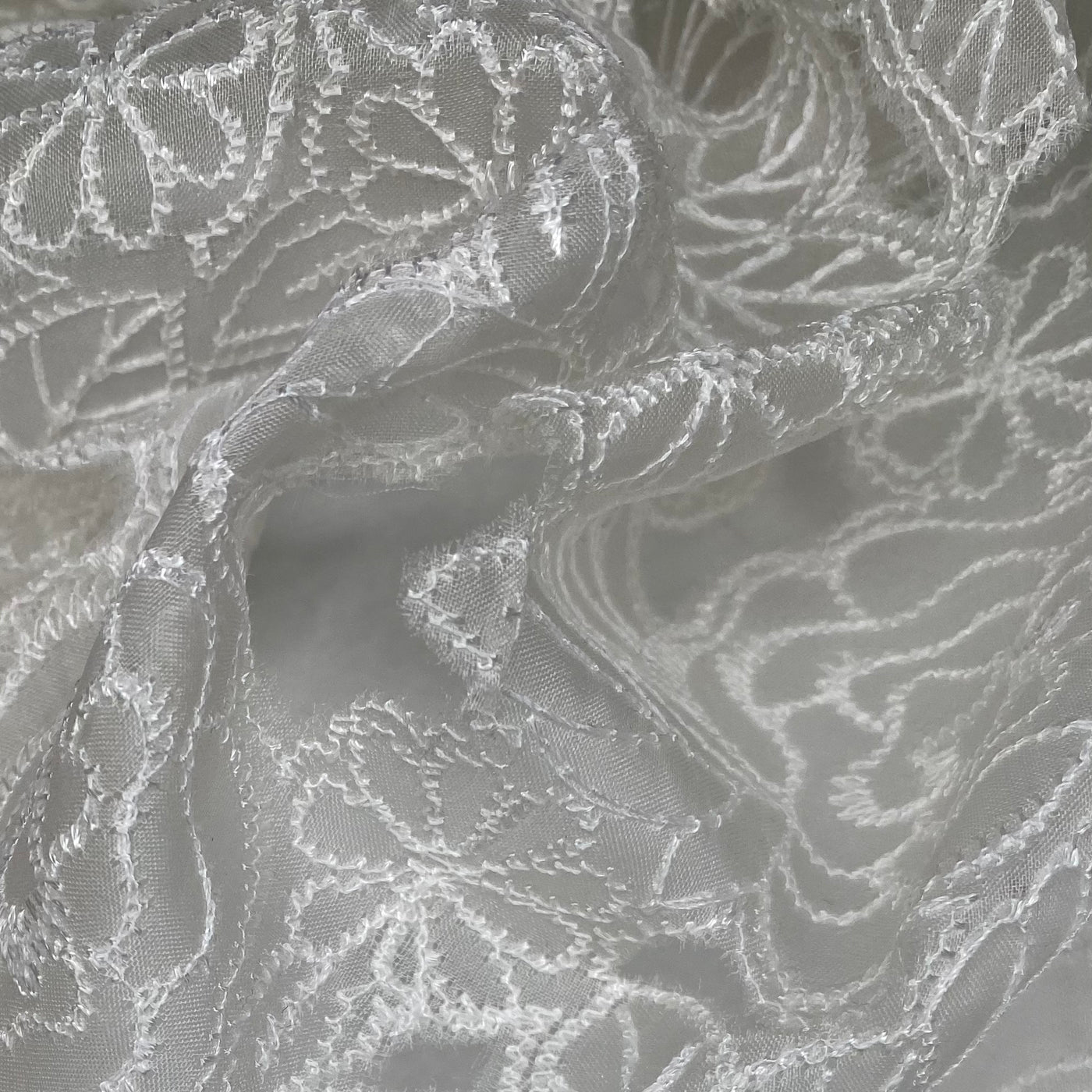 Embroidered Laser Cut Silk Organza  - Floral - White