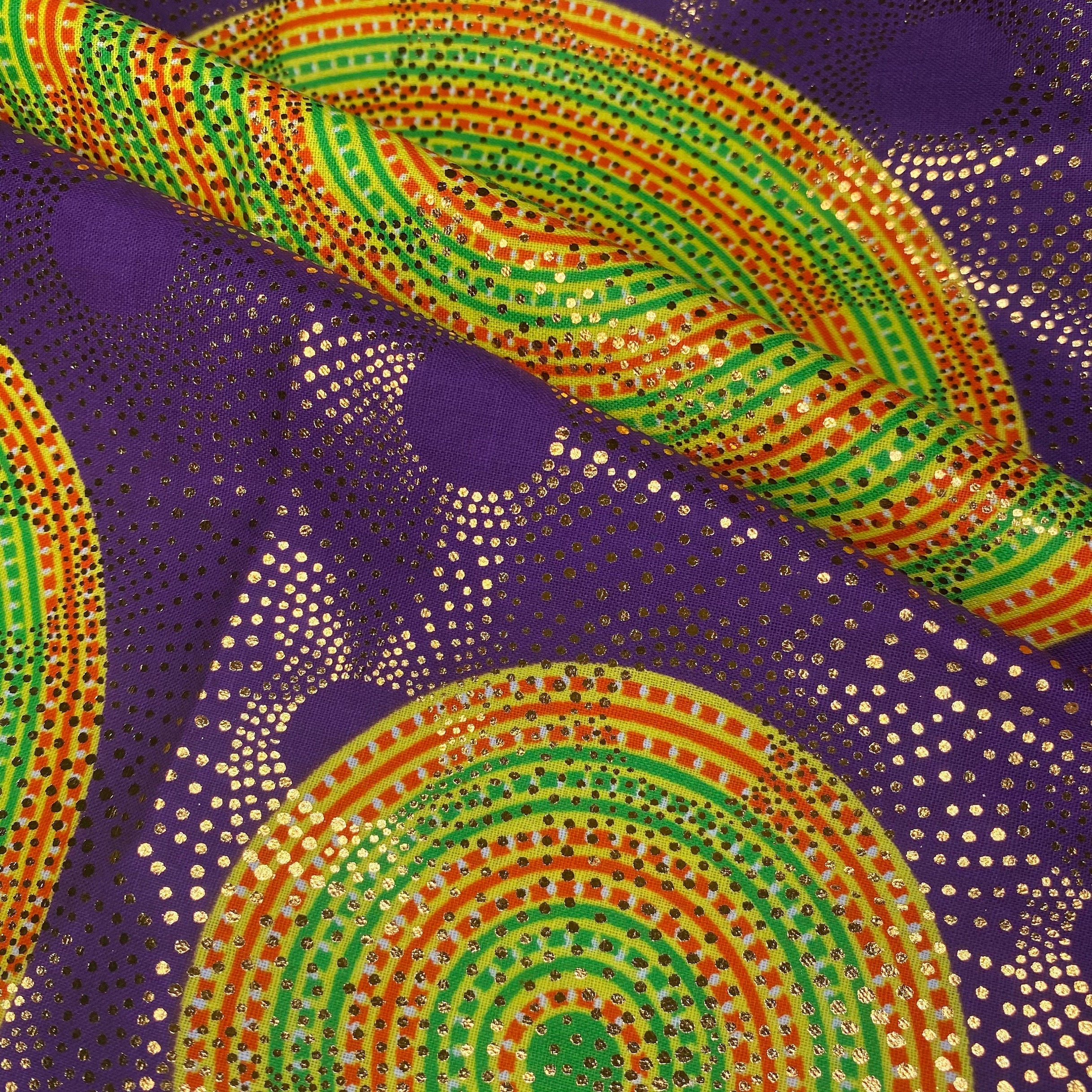 Metallic African Printed Cotton - Circles - Purple/Yellow/Red/Green