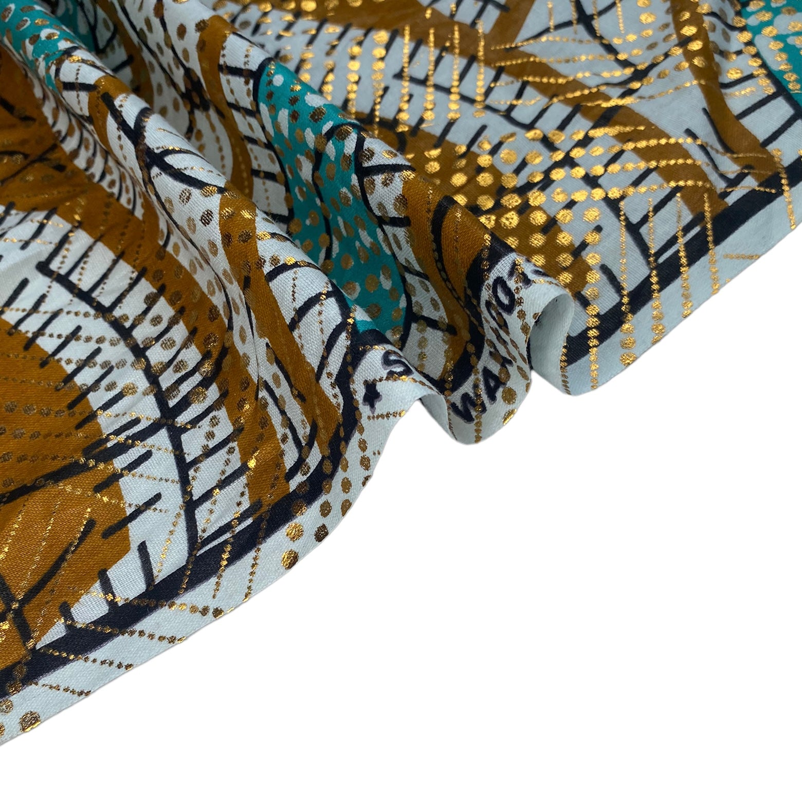 Waxed African Printed Cotton - Metallic Gold/White/Blue