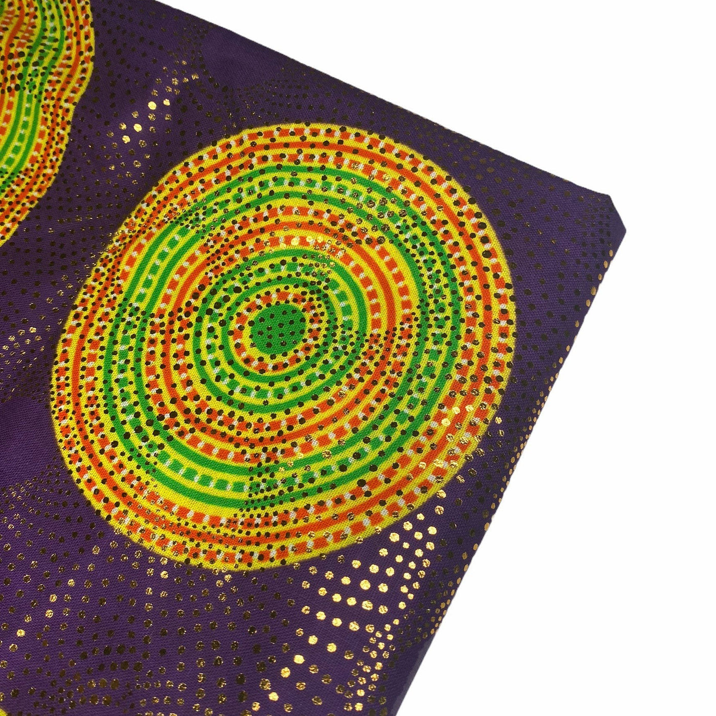 Metallic African Printed Cotton - Circles - Purple/Yellow/Red/Green