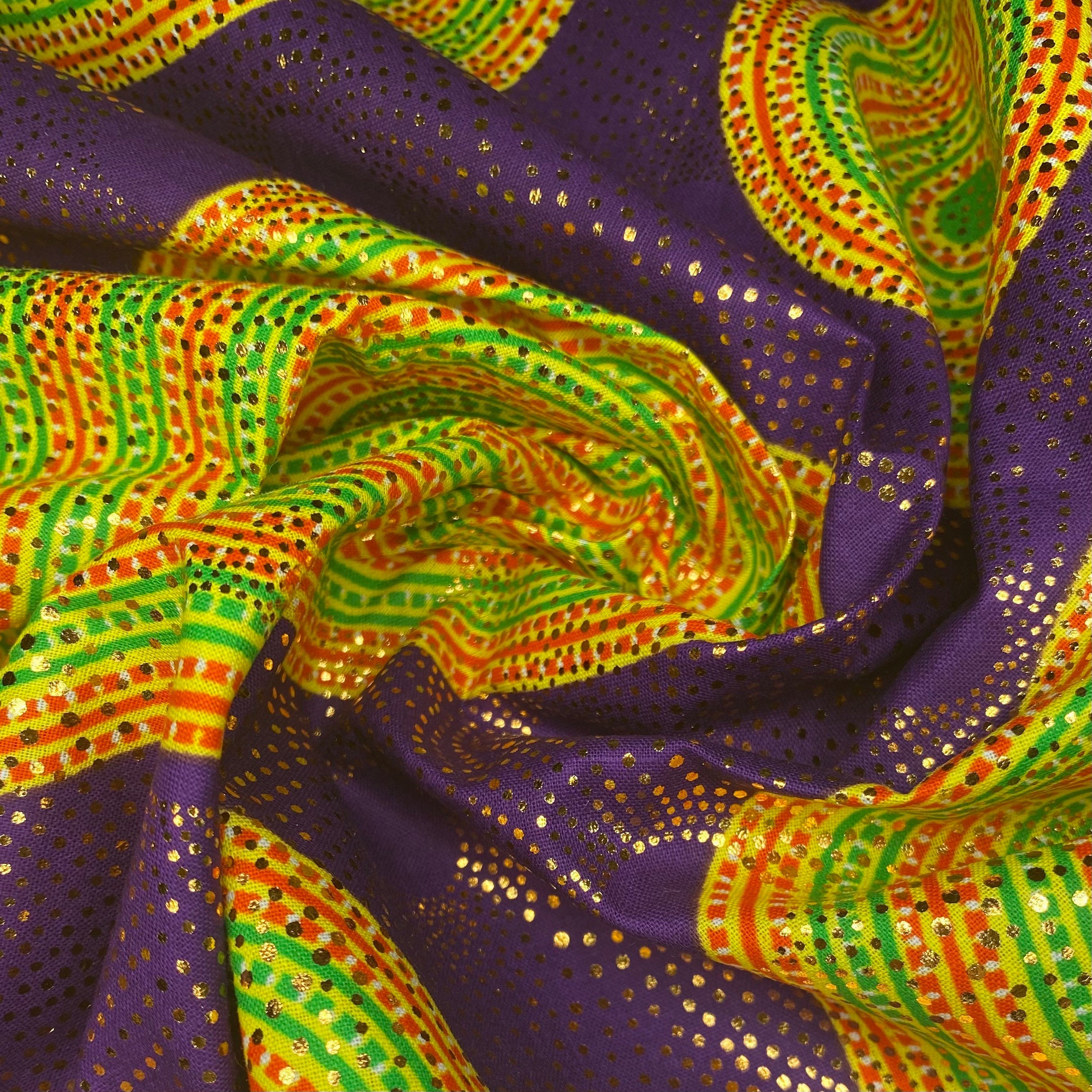 Metallic African Printed Cotton - Circles - Purple/Yellow/Red/Green