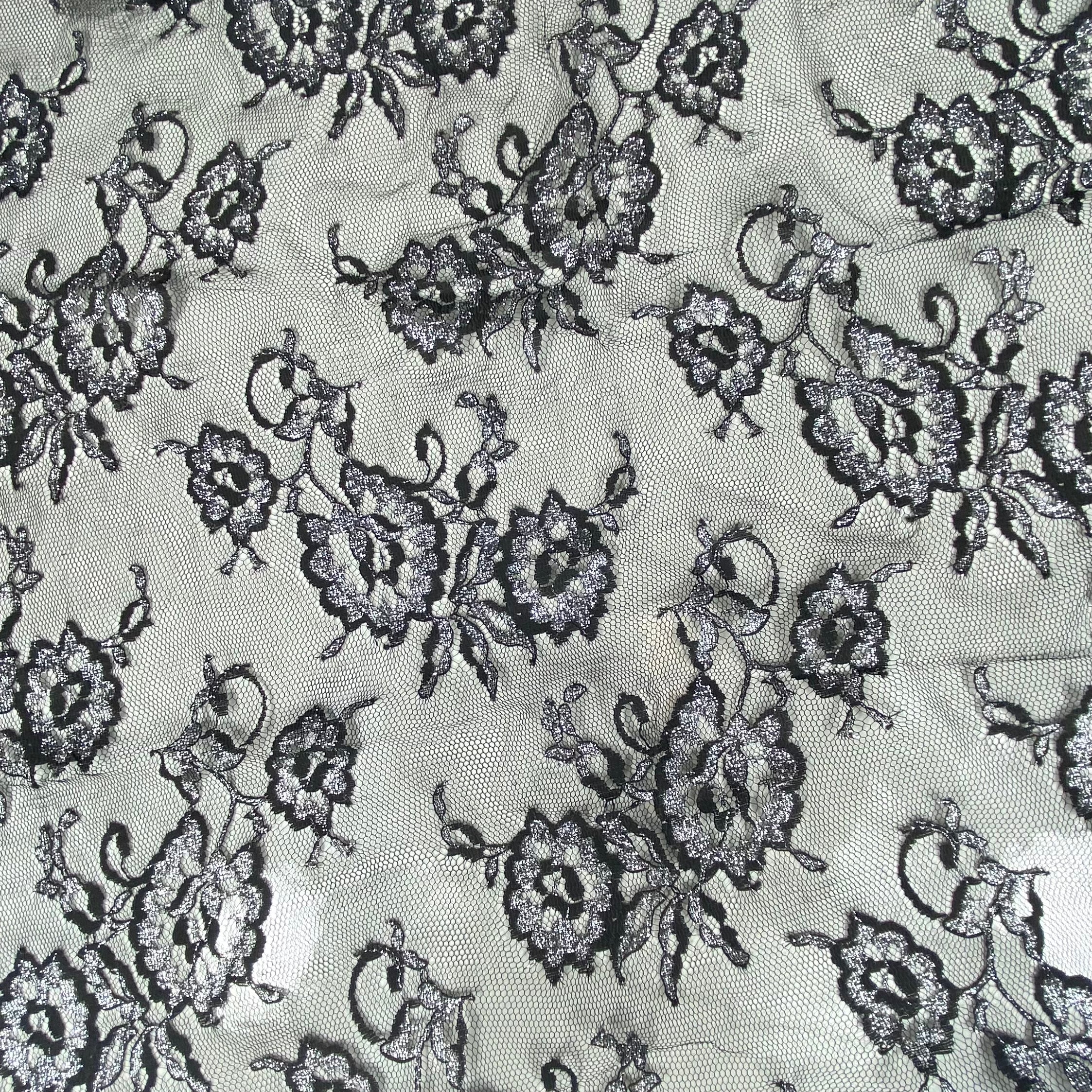 Floral Embroidered Lace with Finished Edges - Black/Silver