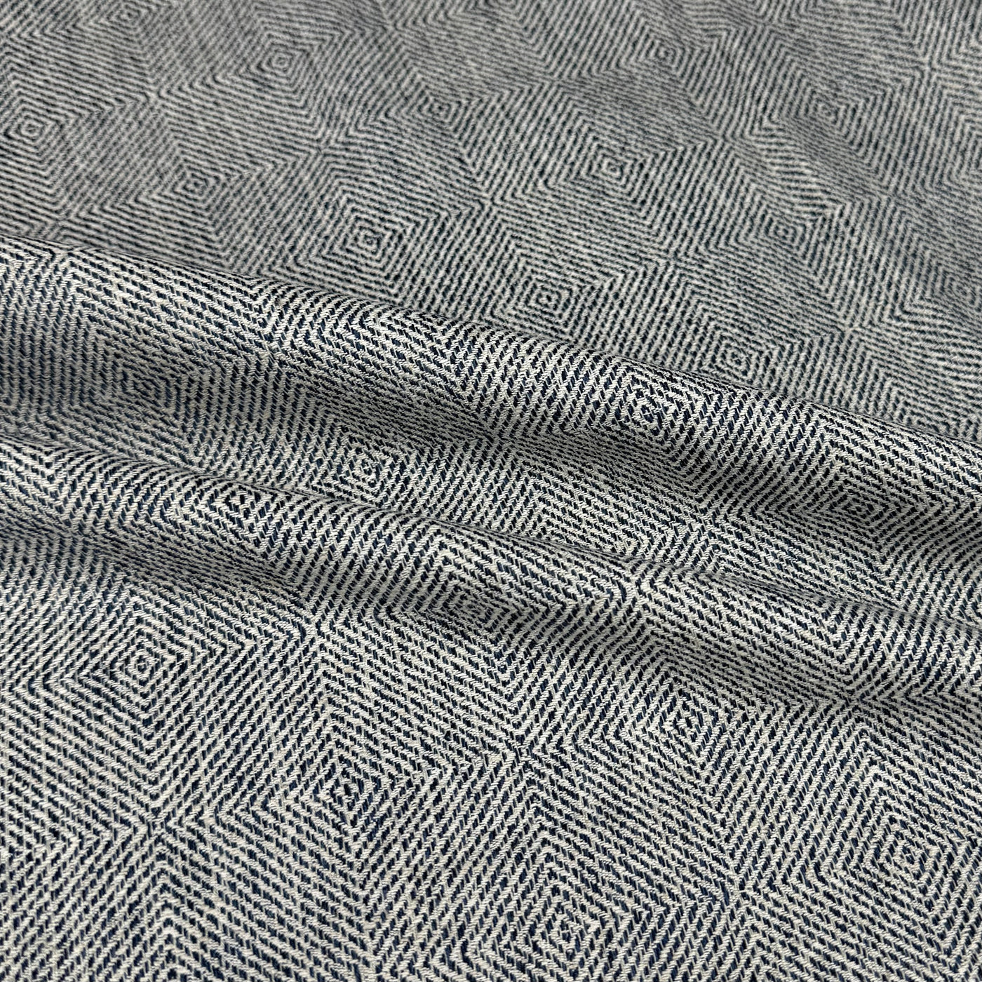 Woven Diamond Patterned Cotton Upholstery Remnant - White/Blue