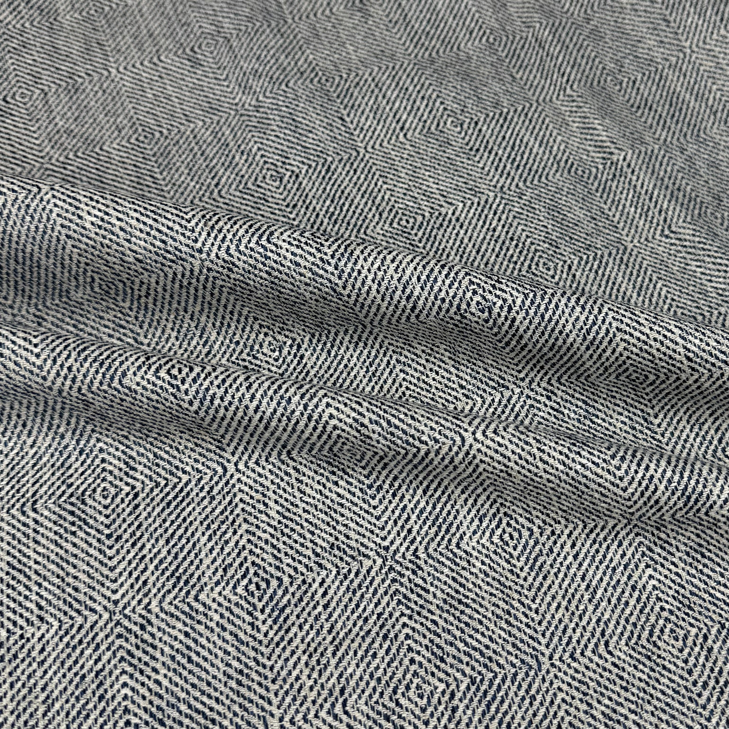 Woven Diamond Patterned Cotton Upholstery Remnant - White/Blue