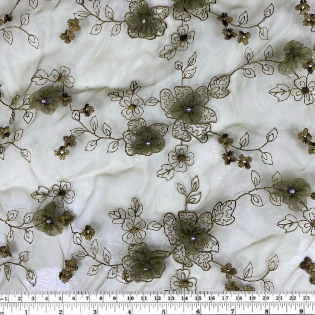 Floral Pearl Embroidered Organza - Green