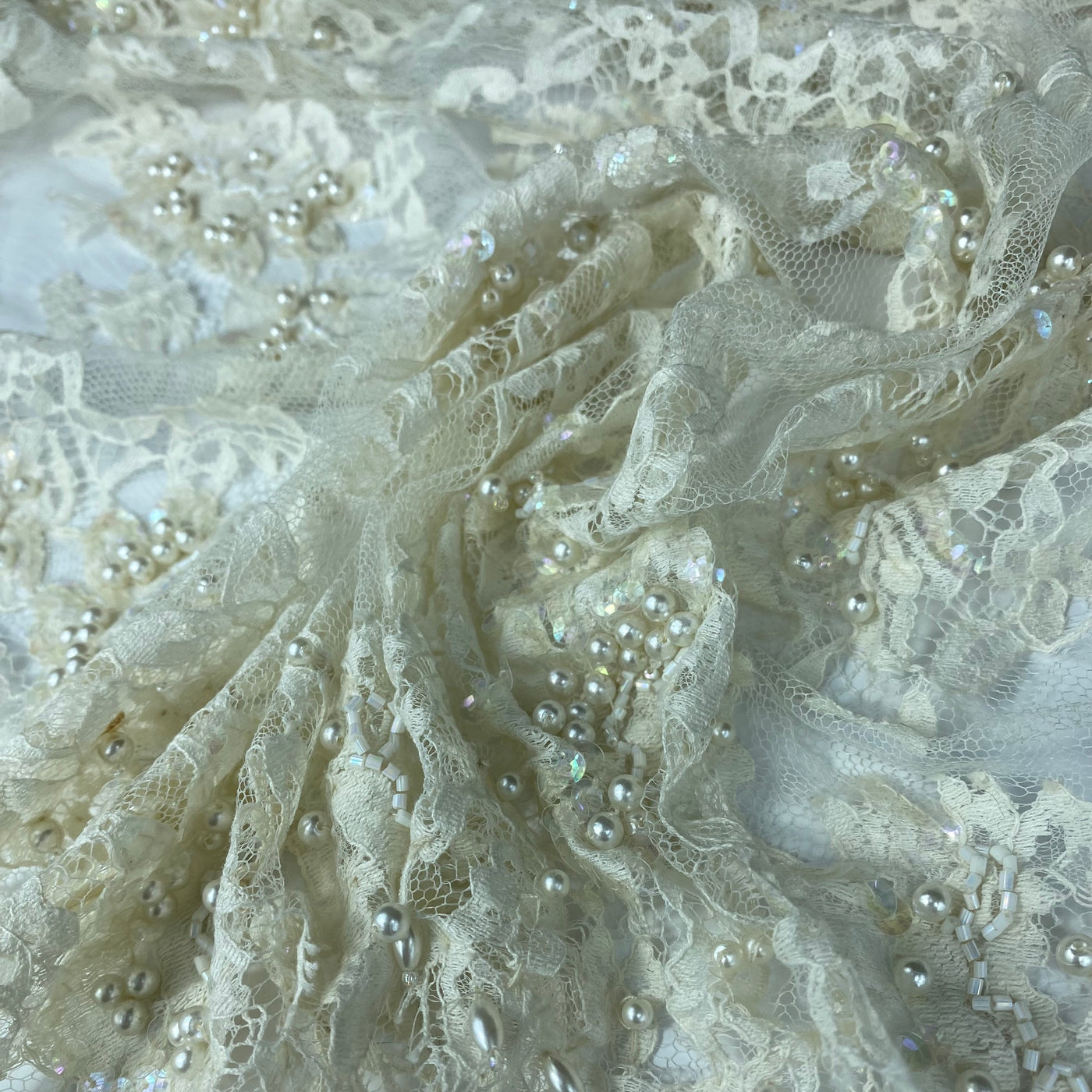 Beaded Corded Lace with Finished Edge- Remnant - Eggshell