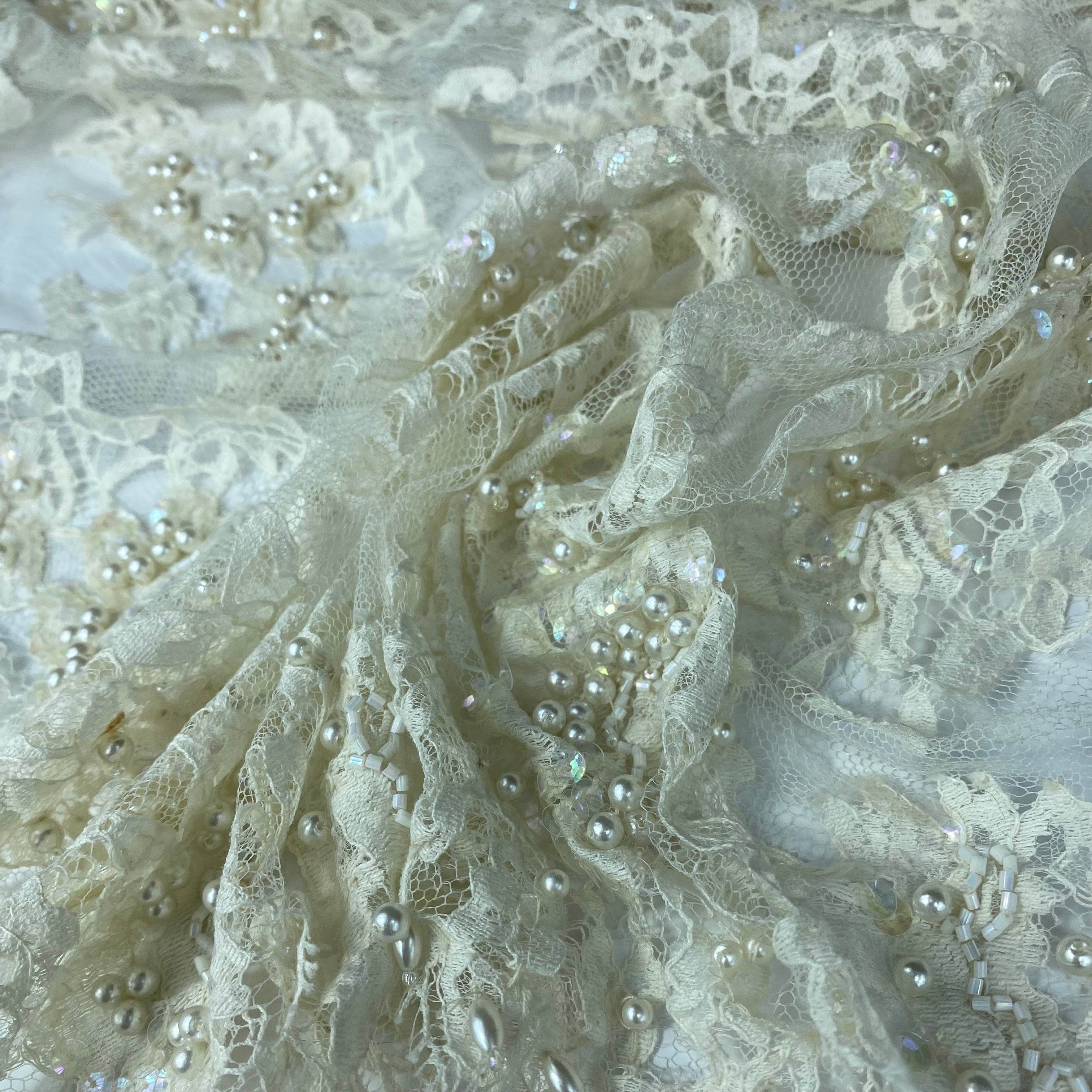 Beaded Corded Lace with Finished Edge- Remnant - Eggshell