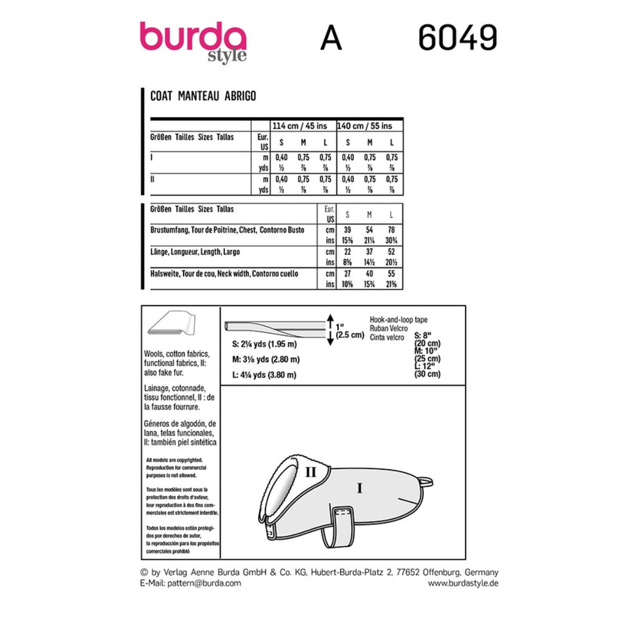 Burda Style 6049 - Dog Coat Sewing Pattern