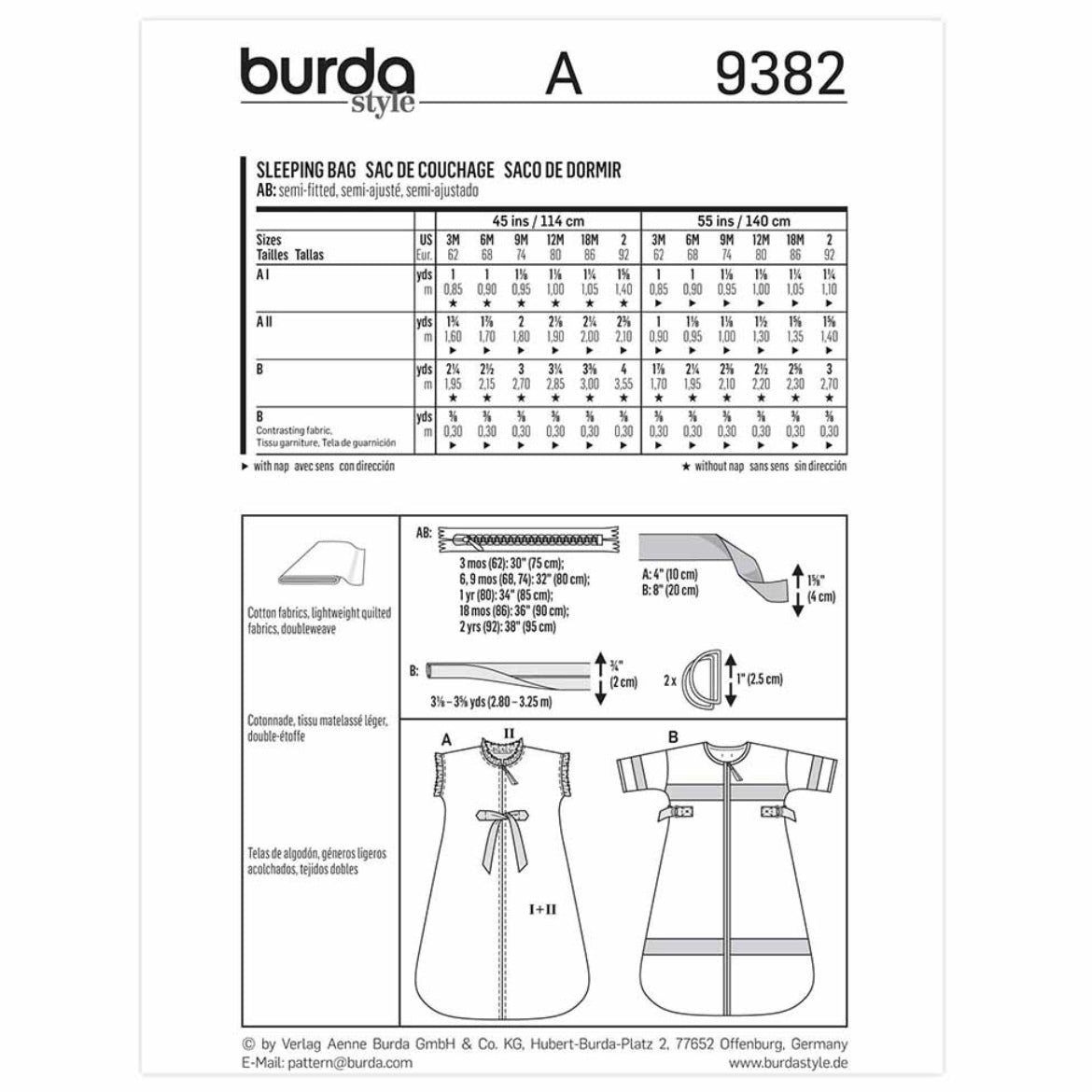 Burda Kids 9382 - Sleeping Bag Sewing Pattern