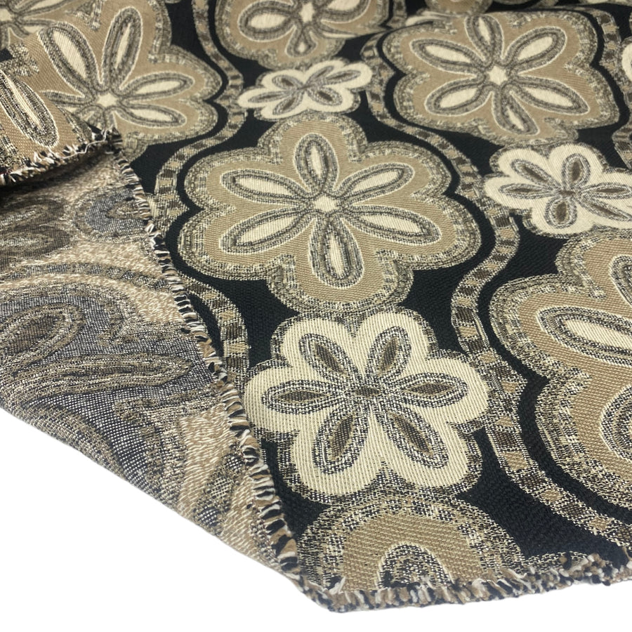 Floral Patterned Upholstery Remnant  - Beige/Black/White