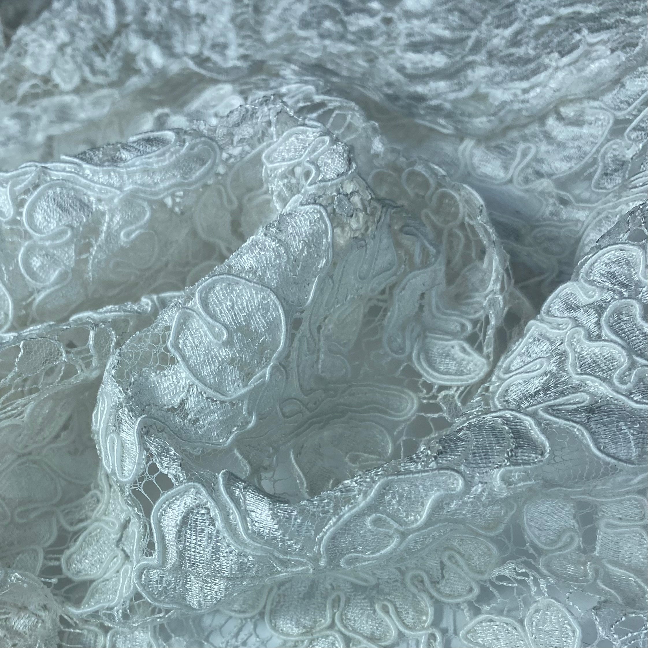 Corded French Lace with Finished Scalloped Eyelash Edge - Remnant - White
