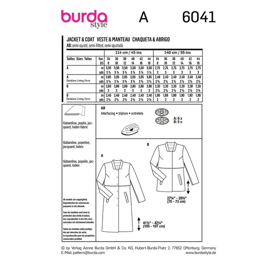 Burda Style 6041 - Jacket & Coat Sewing Pattern