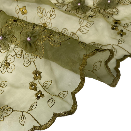 Floral Pearl Embroidered Organza - Green