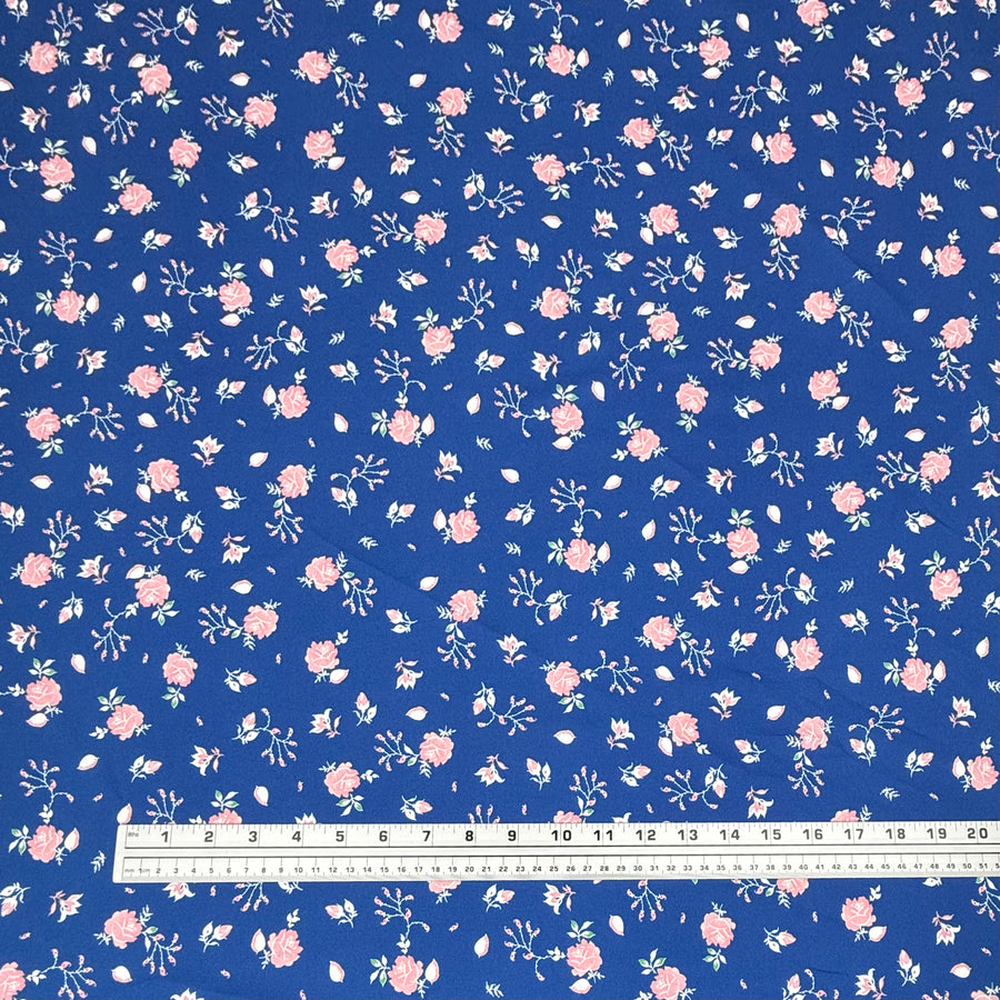 Floral Printed Polyester Crepe - Blue/White/Pink