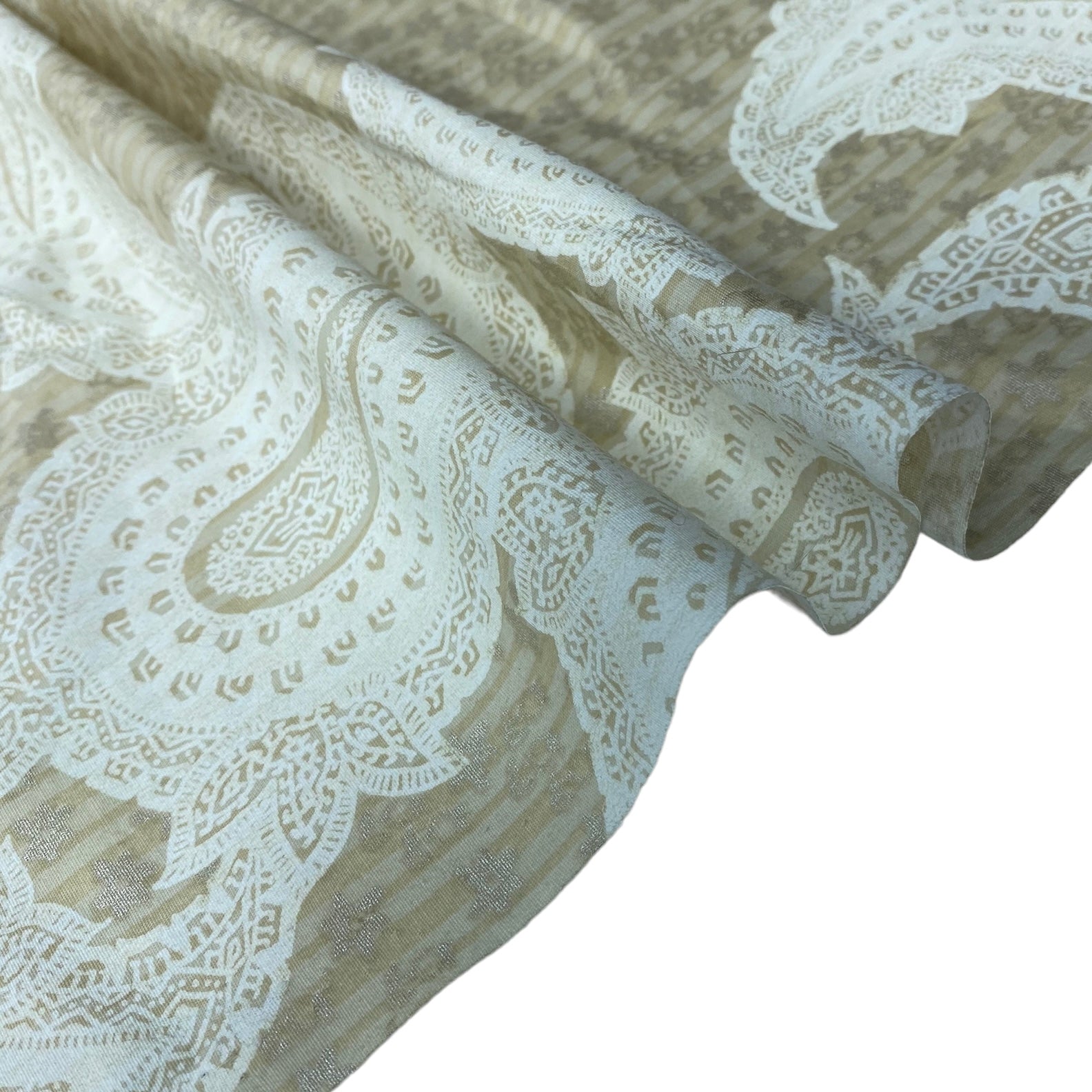Large Paisley Printed Stretch Cotton - Beige/Silver