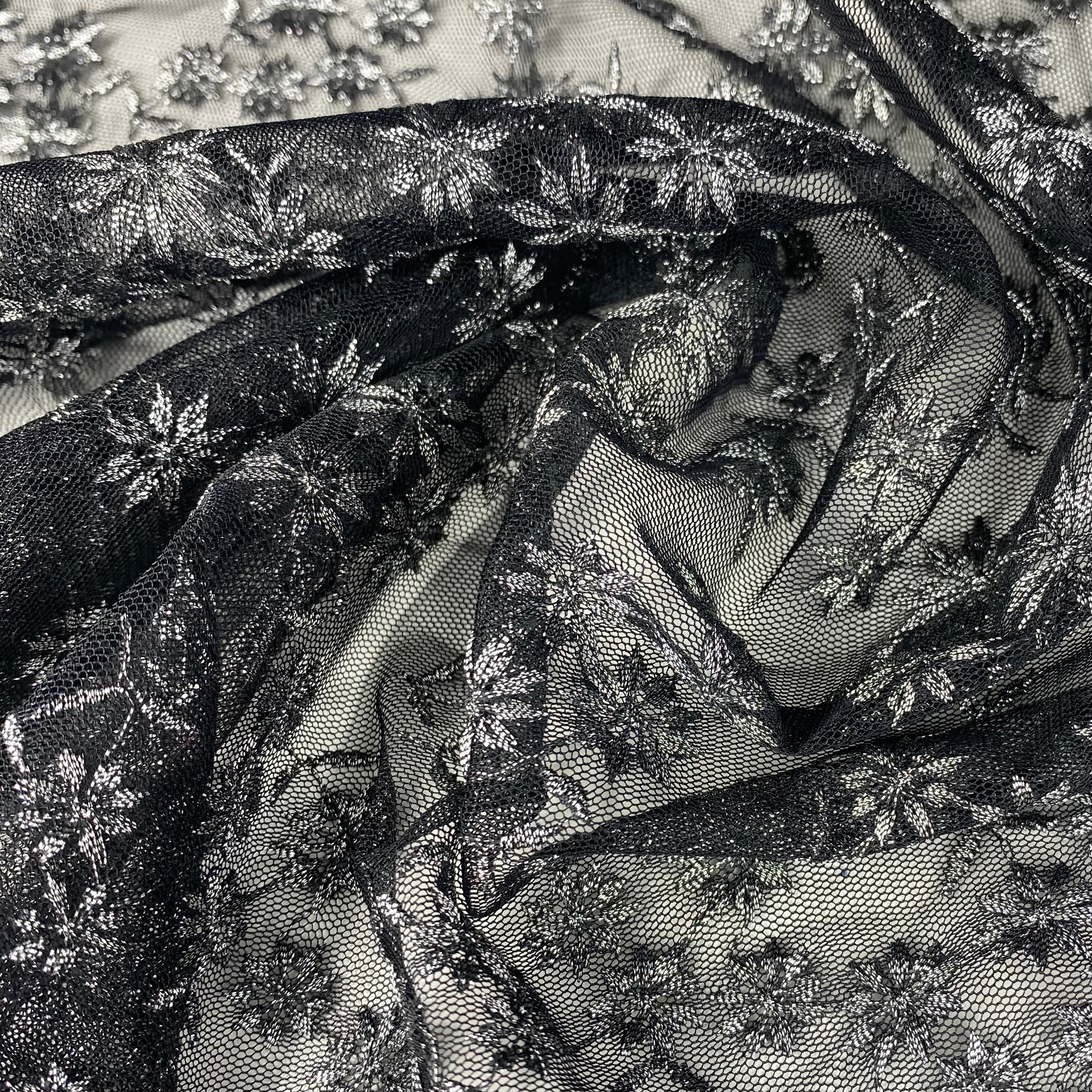 Floral Embroidered Mesh - Black/Silver