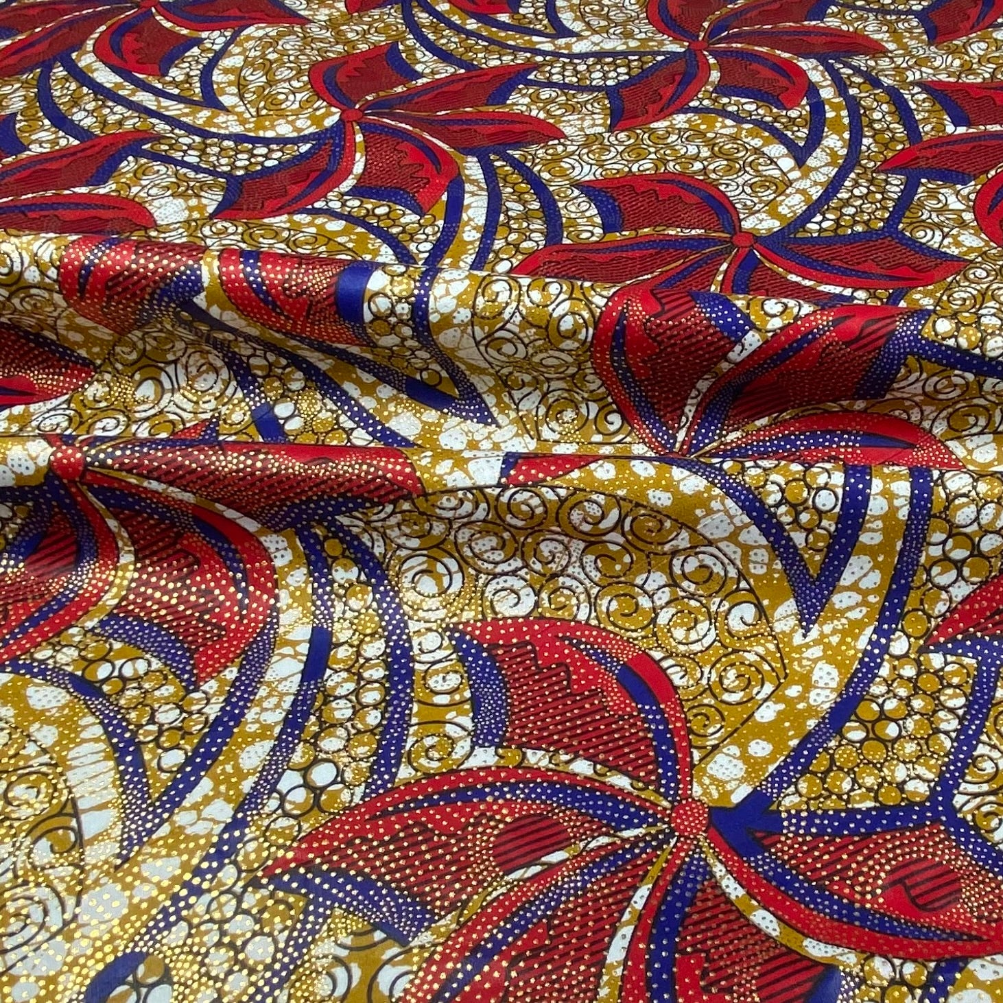 Metallic Super Wax African Printed Cotton - Red/Blue/Gold
