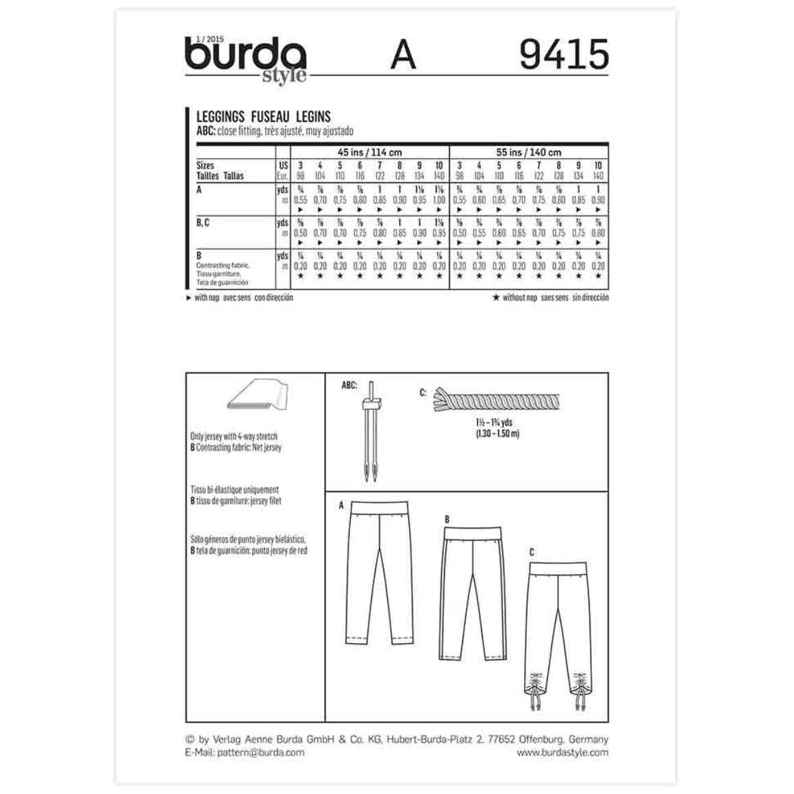 Burda Kids 9415 - Leggings Sewing Pattern