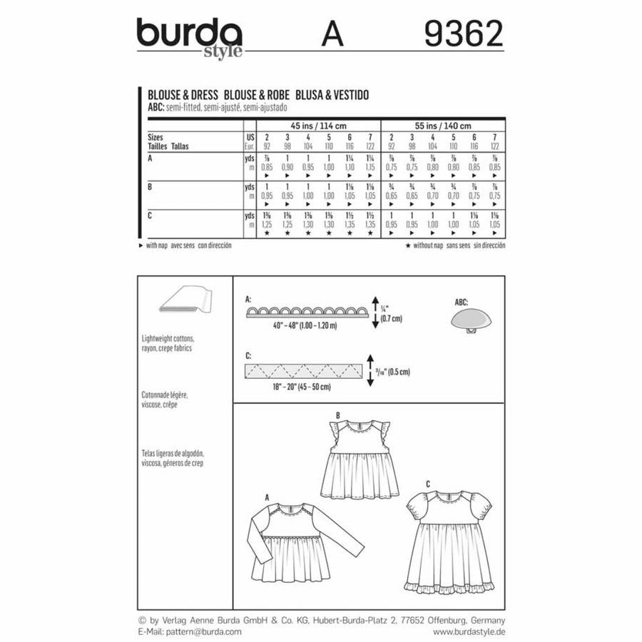 Burda Kids 9362 - Blouse & Dress Sewing Pattern