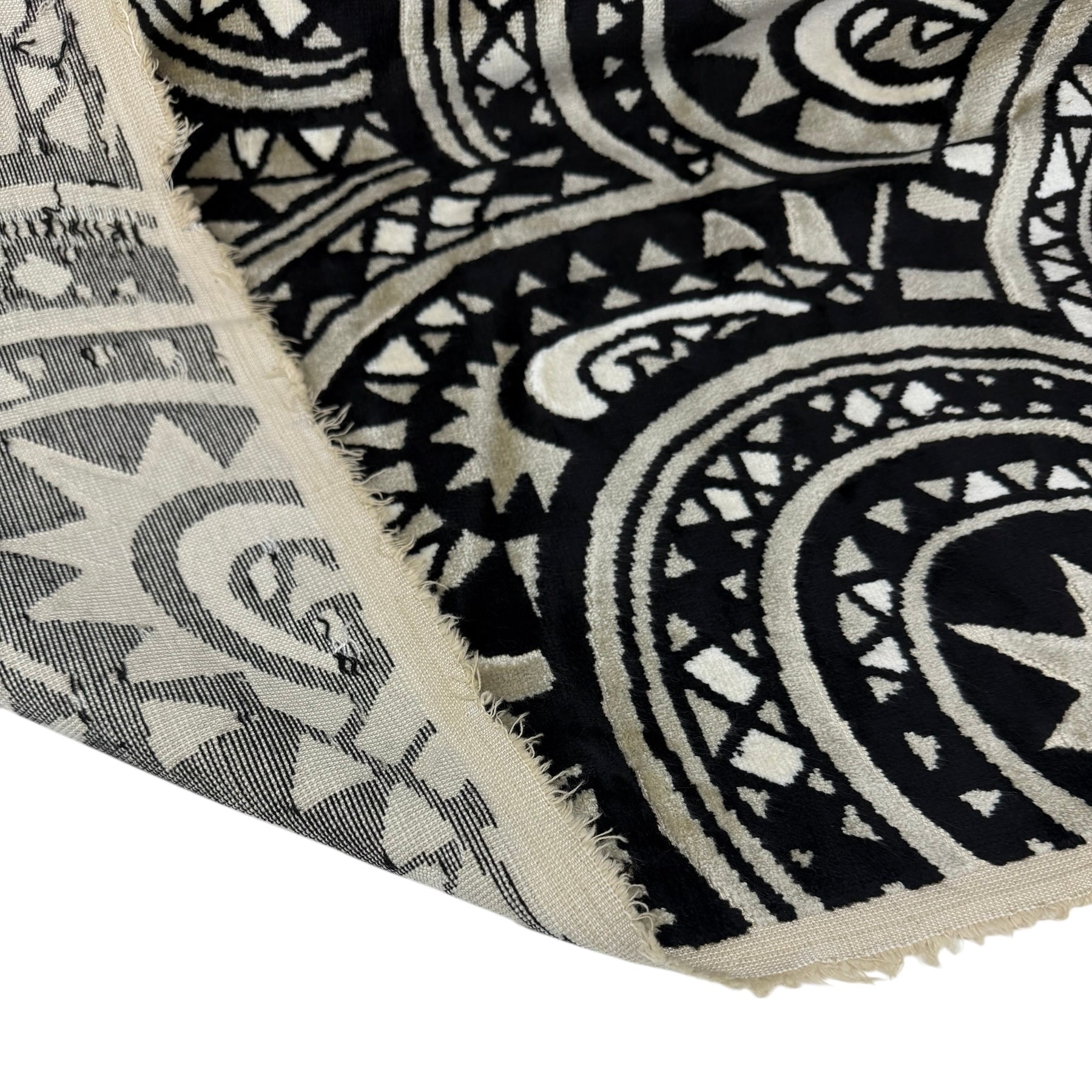 Paisley Cotton Velvet Upholstery Remnant - Cream/Beige/Black