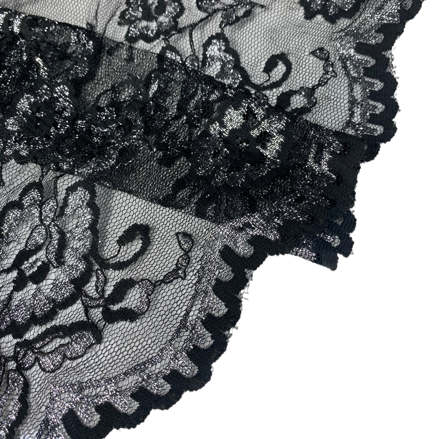 Floral Embroidered Lace with Finished Edges - Black/Silver