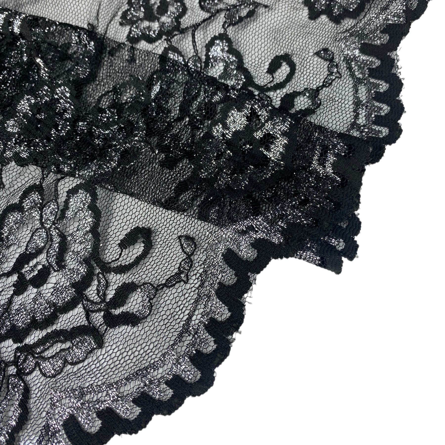 Floral Embroidered Lace with Finished Edges - Black/Silver