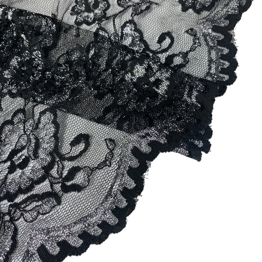 Floral Embroidered Lace with Finished Edges - Black/Silver