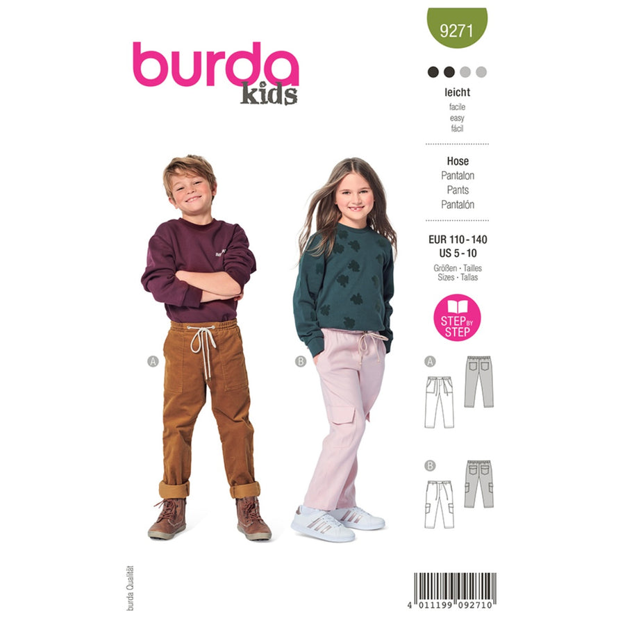 Burda Kids 9271 - Slip-on Trousers/Pants with Elastic and Patch Pockets Sewing Pattern