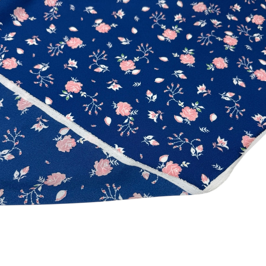 Floral Printed Polyester Crepe - Blue/White/Pink