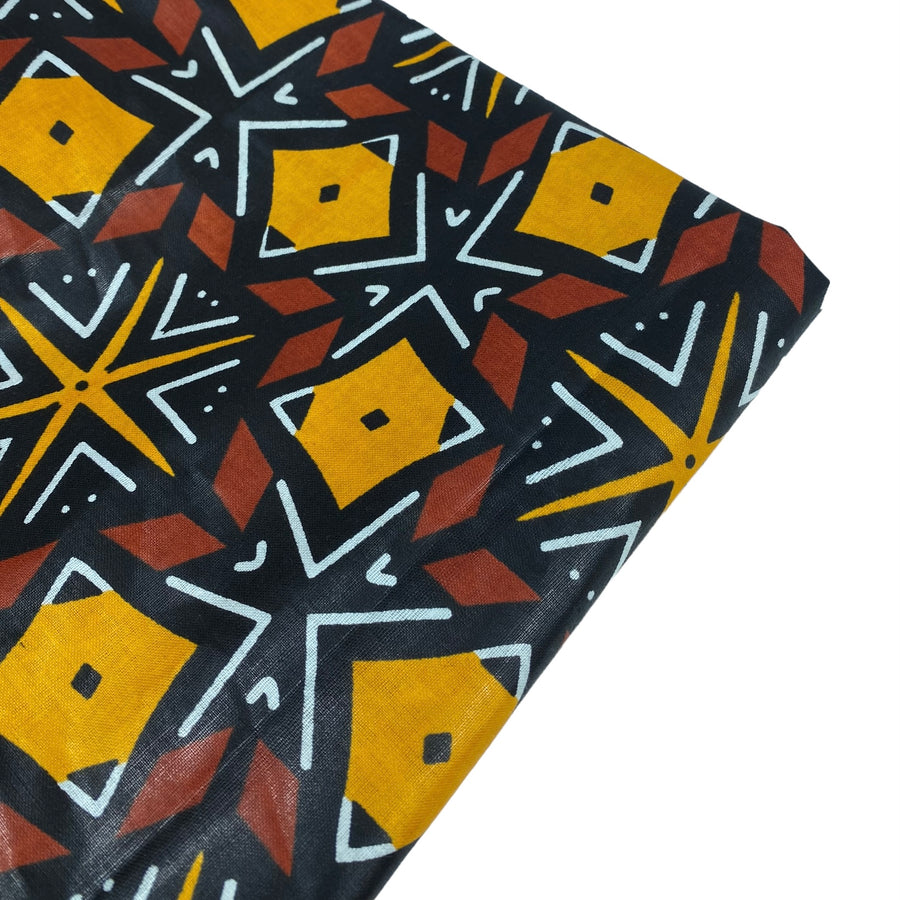 Waxed African Printed Cotton - Black/Yellow/Brown