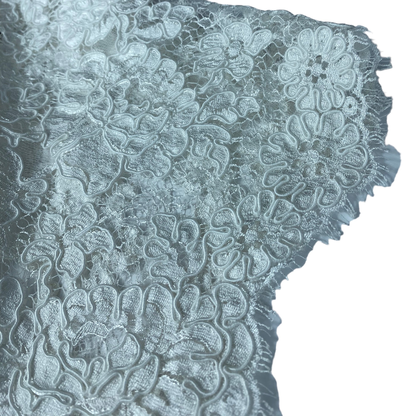 Corded French Lace with Finished Scalloped Eyelash Edge - Remnant - White