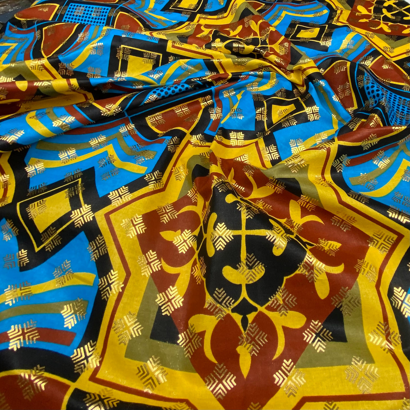 Metallic Super Wax African Printed Cotton - Blue/Yellow/Gold