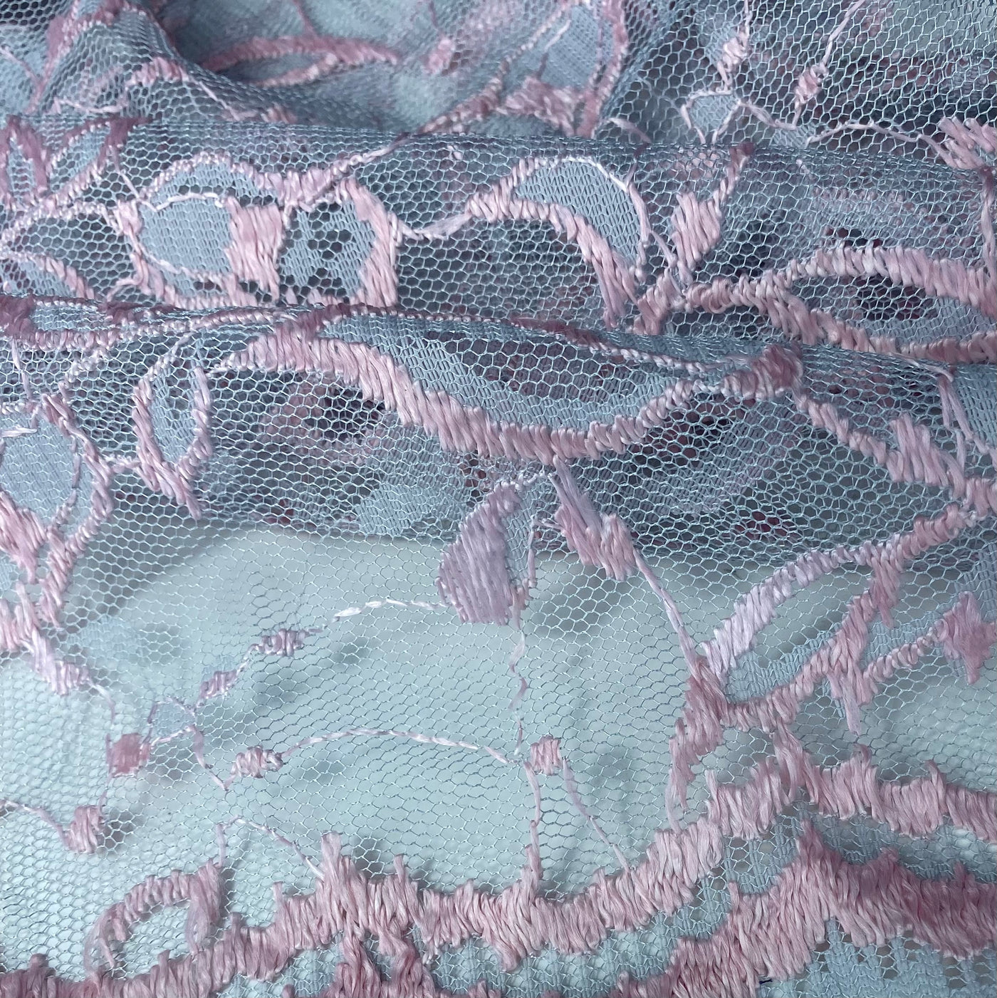Floral Embroidered Lace with Finished Edges - Grey/Pink